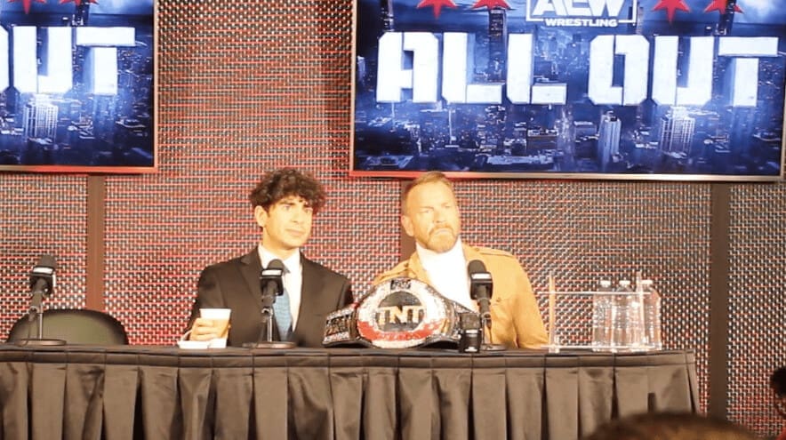 Tony Khan and Christian Cage at the AEW All Out 2023 Media Scrum.